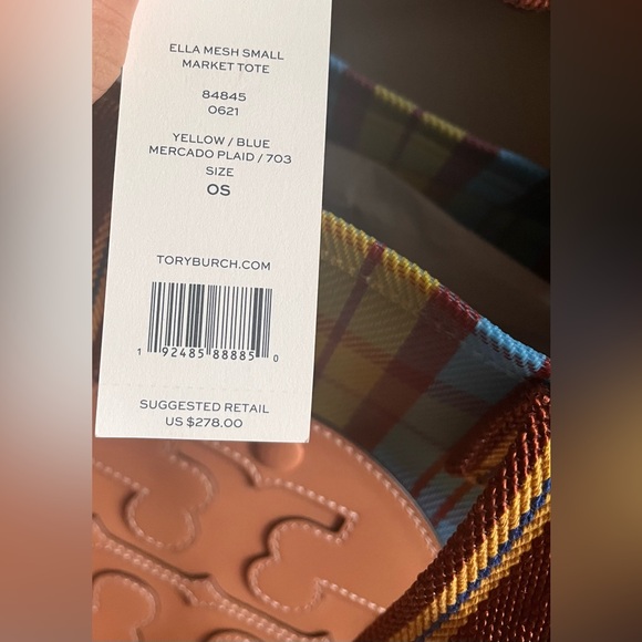 Tory Burch Yellow / Blue Mercado Plaid Ella Mesh Tote Bag - Picture 8 of 12